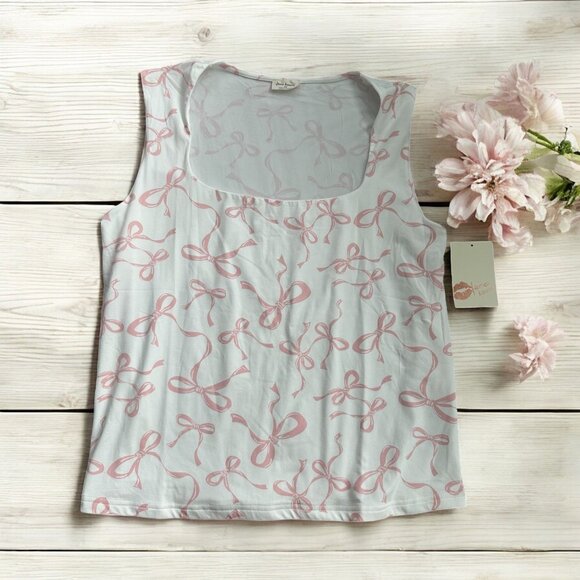 FREE KISSES White Pink Bow Square neck Tank Top Size 2X NEW NWT - Picture 1 of 6